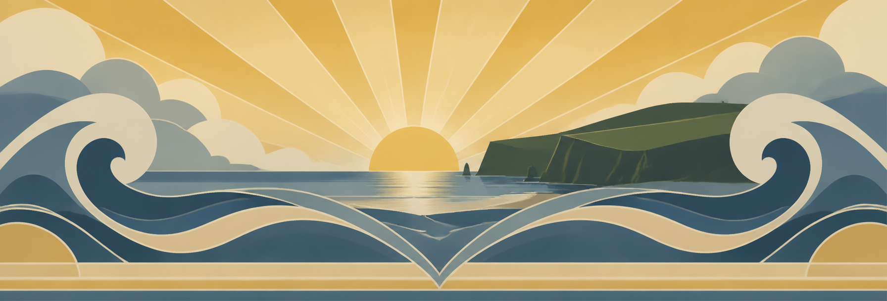 Decorative art-deco waves and Cornish coast sunset divider